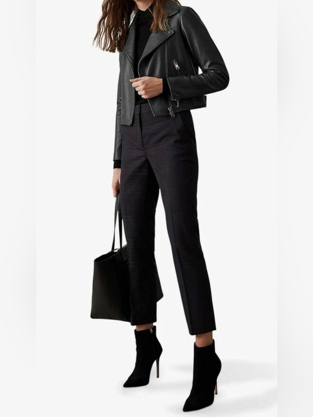 Reiss $298 Margot Tailored Cropped Trousers Navy/Black Check 0 Slim Leg Textured